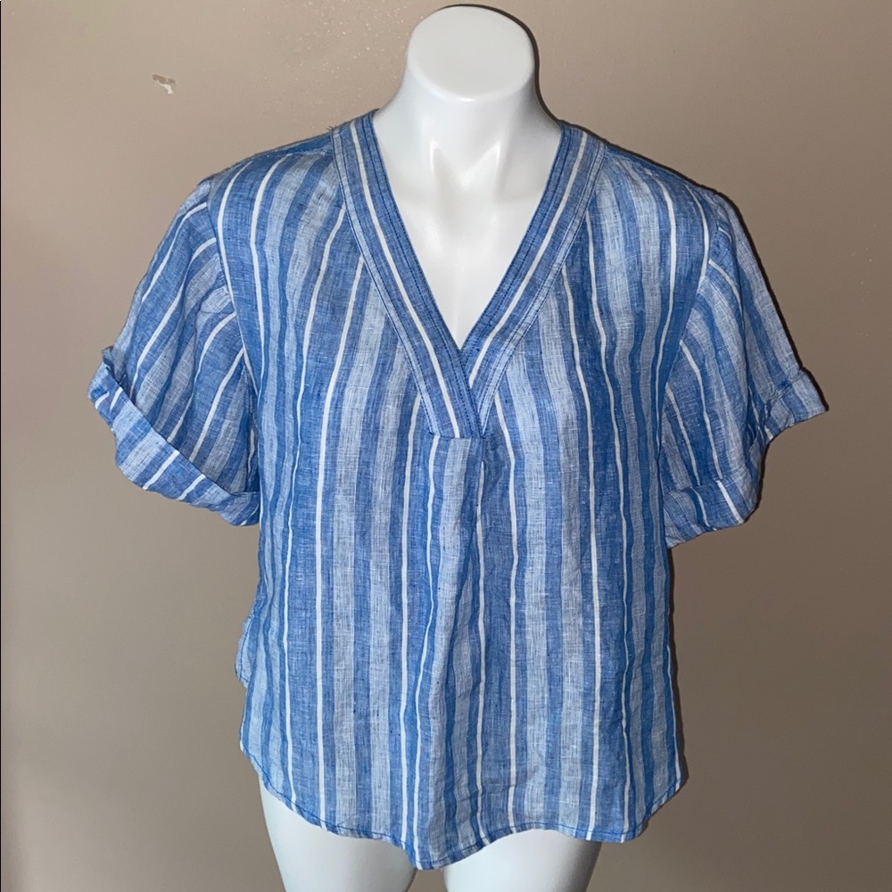 Pilcro Women’s Blue and White Striped 100% Linen Blouse Size Small